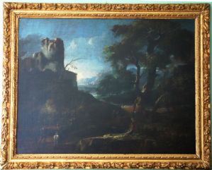 Bartolomeo Pedon (Venezia 1665 - 1732) - Paesaggio con rovine e figure con cornice coeva - '700